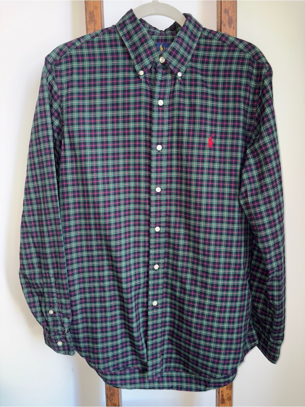 Ralph Lauren Mens Green & Purple Plaid Button-Down Shirt Pony Size Medium Preppy